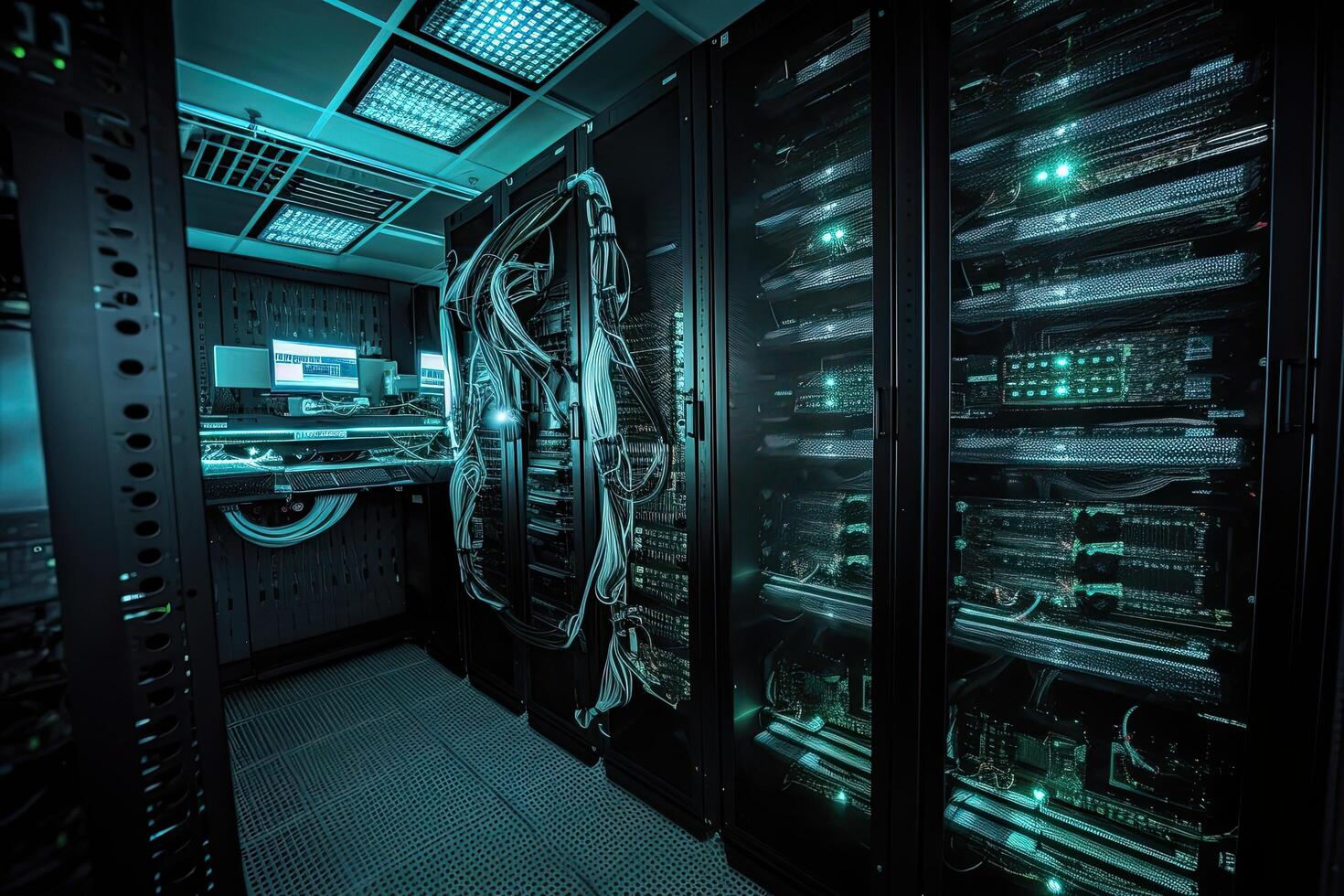 server room with supercomputer equipment ready for data mining and cloud computing, Rackmount LED console in a server room of data center, AI Generated photo