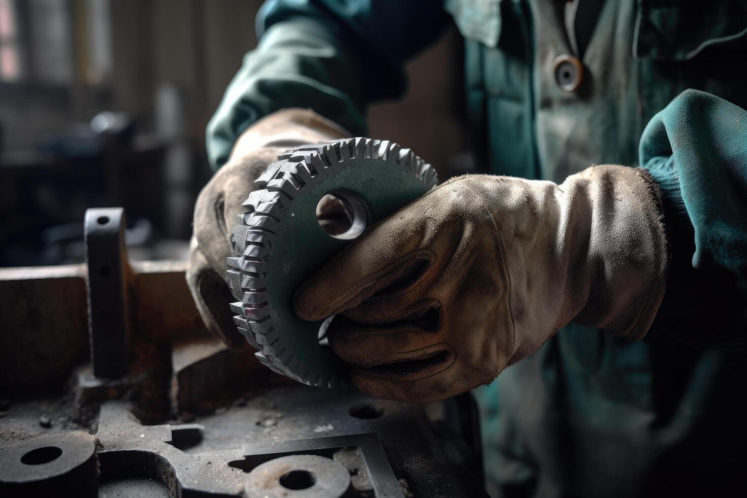 Close up of a worker's hand holding a circular saw. Professional industrial workers hands close up view, photo