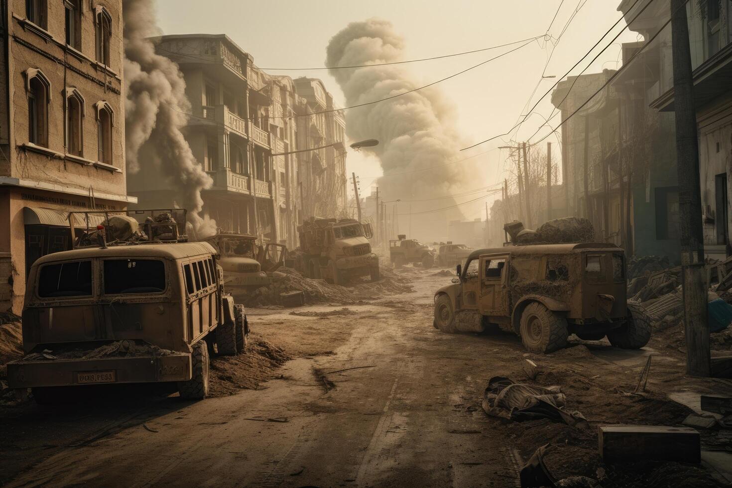 Dramatic urban scene of burnt street in Kathmandu, Nuclear war affects a city with soldiers and army, photo