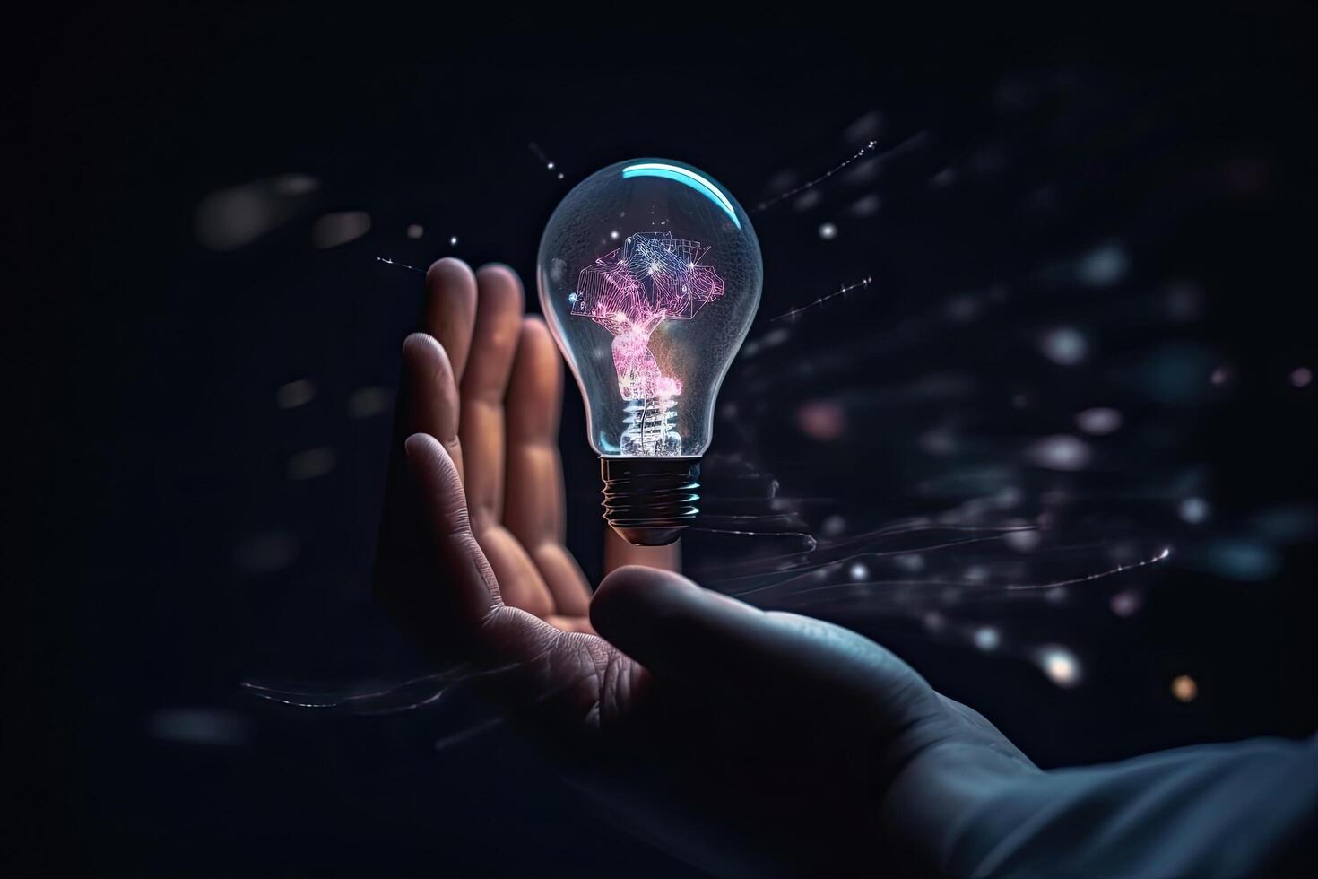 Glowing light bulb in hand on dark background with lines and dots, Realistic human hand holding a lightbulb, photo