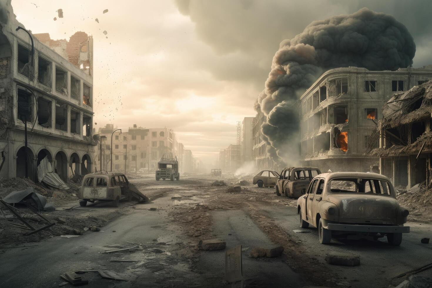 Burning building in the middle of the city. Conceptual image. Nuclear war affects a city with soldiers and army, photo