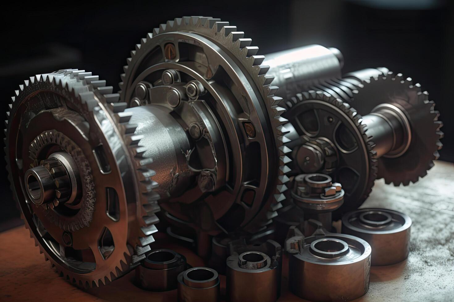 Gearbox and bearings close up. Auto service industry. Car parts. Realistic gear set in an engine, photo