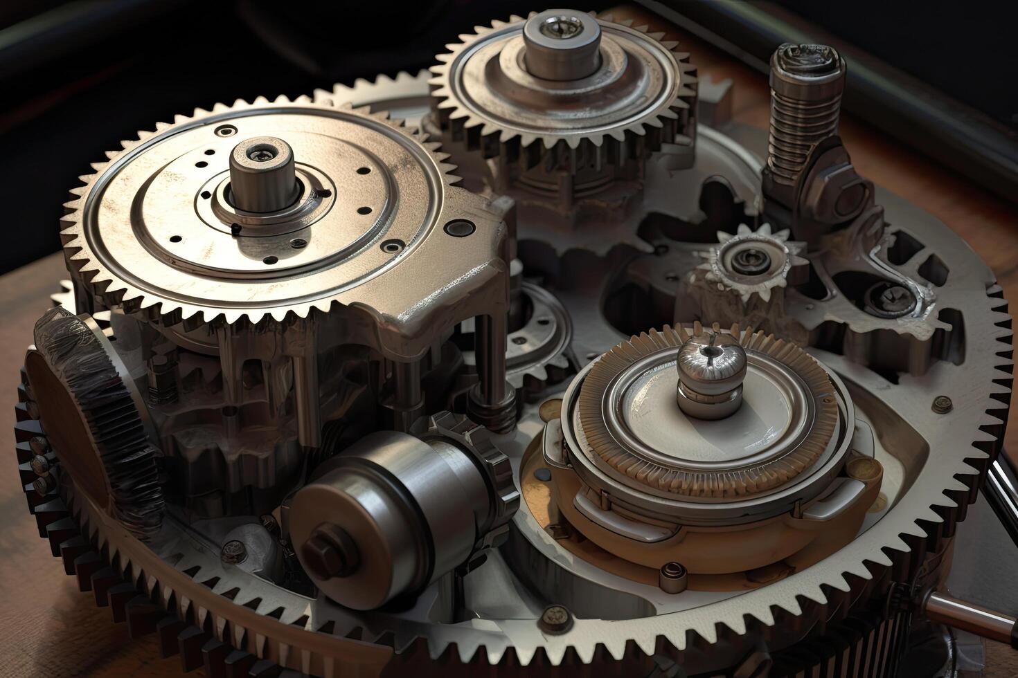 Close up view of the mechanism of an old gearbox. 3D rendering, Realistic gear set in an engine, AI Generated photo