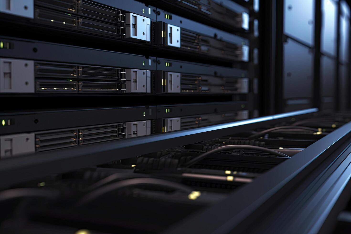 Network servers in data room Domestic Room. 3D rendered Illustration. Realistic server in datacenter close up shot, photo