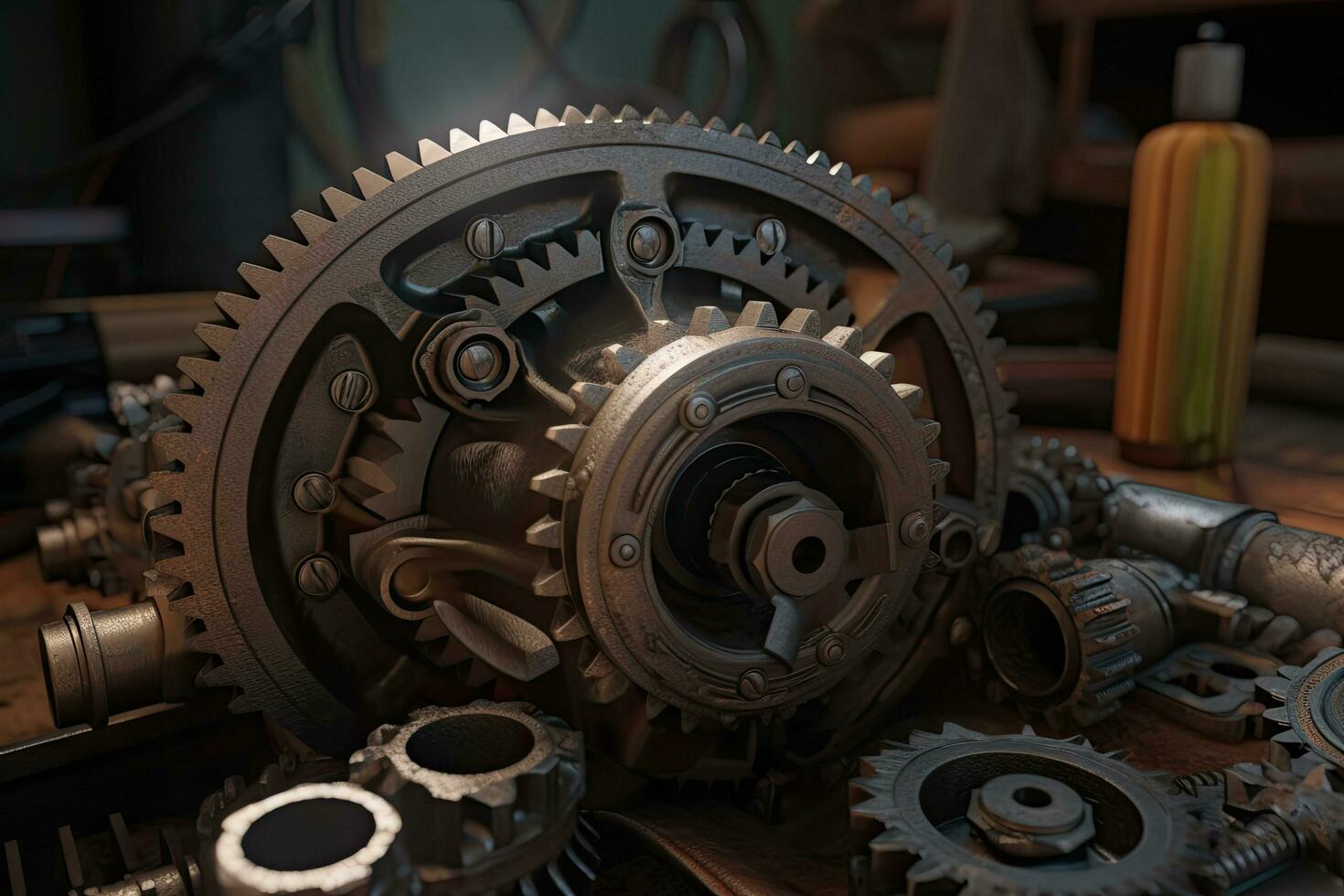 Closeup of a gear wheel in a factory. 3d rendering, Realistic gear set in an engine, AI Generated photo