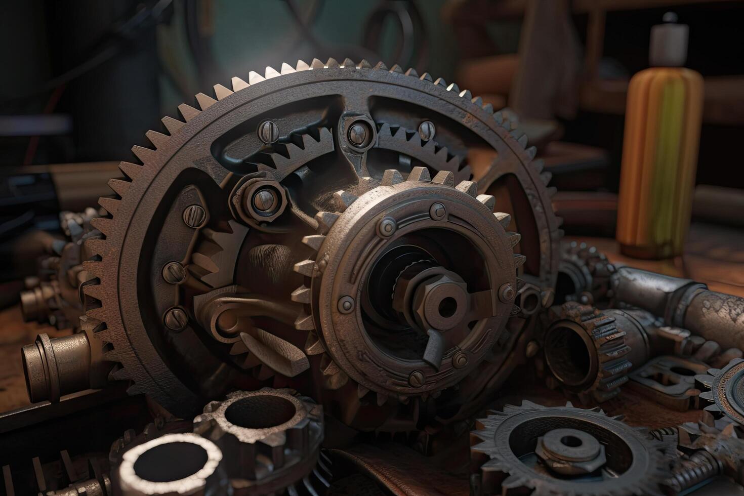 Closeup of a gear wheel in a factory. 3d rendering, Realistic gear set in an engine, photo