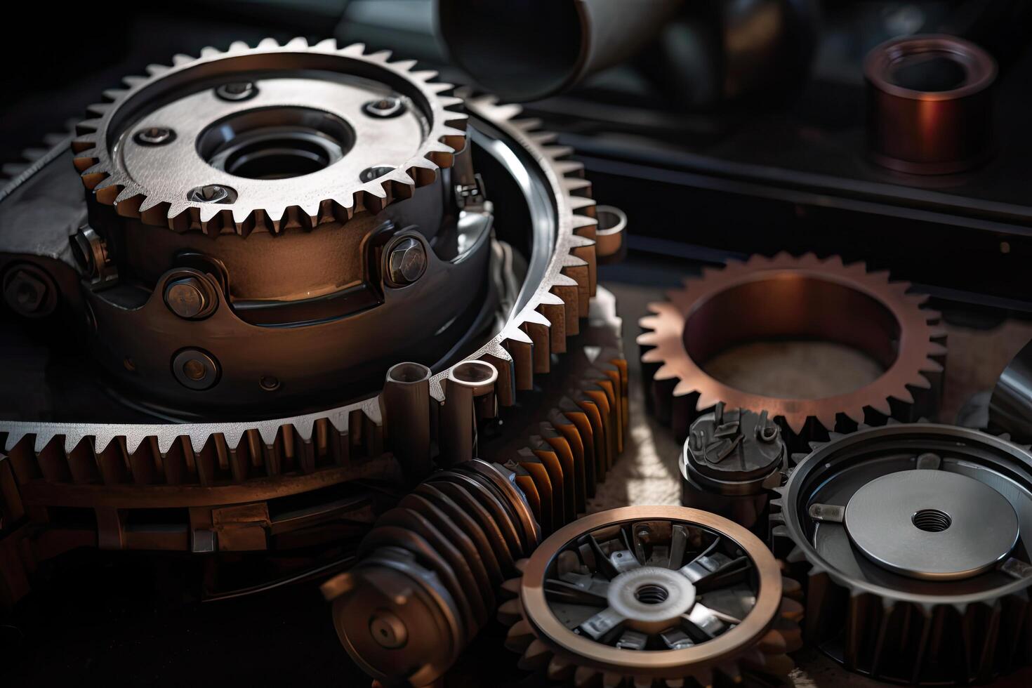 Gear wheel and gearbox on a dark background. Selective focus. Realistic gear set in an engine, photo