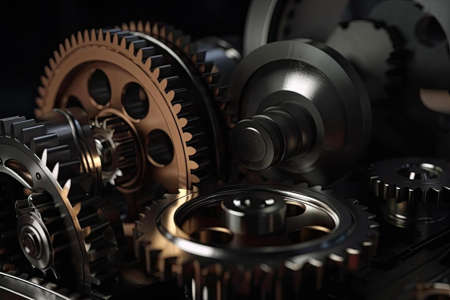 Cogwheels and gears on a dark background. 3d rendering, Realistic industrial engine gear and wheels, AI Generated photo