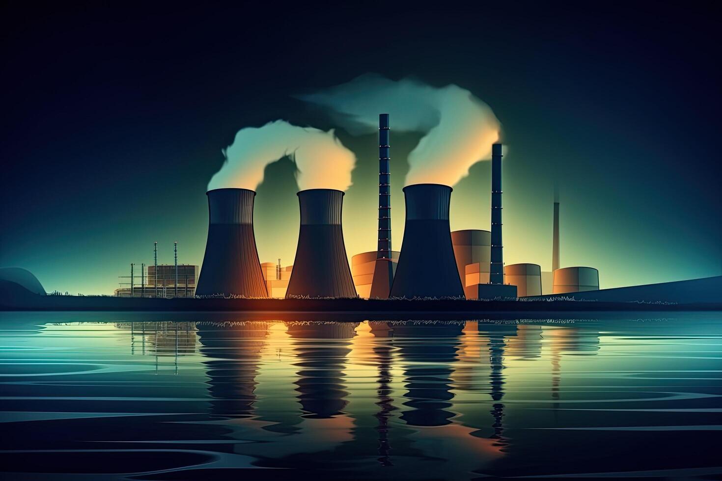 Cooling towers of a nuclear power plant at night illustration. Realistic nuclear power plants producing electricity, photo