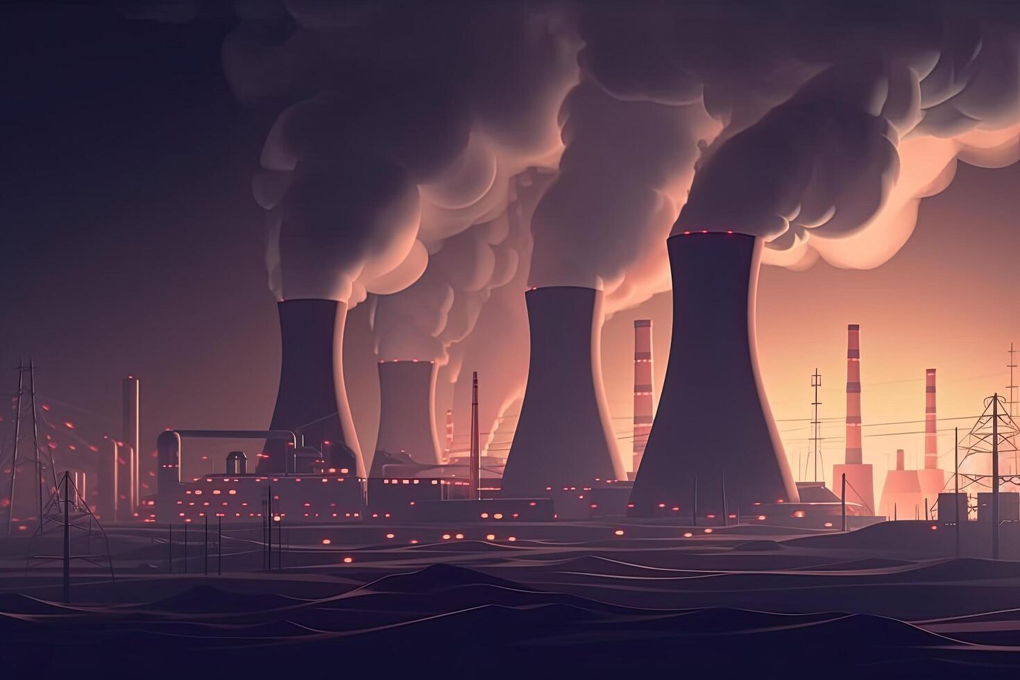 Cooling towers of nuclear power plant with smoke illustration. Realistic nuclear power plants producing electricity, photo