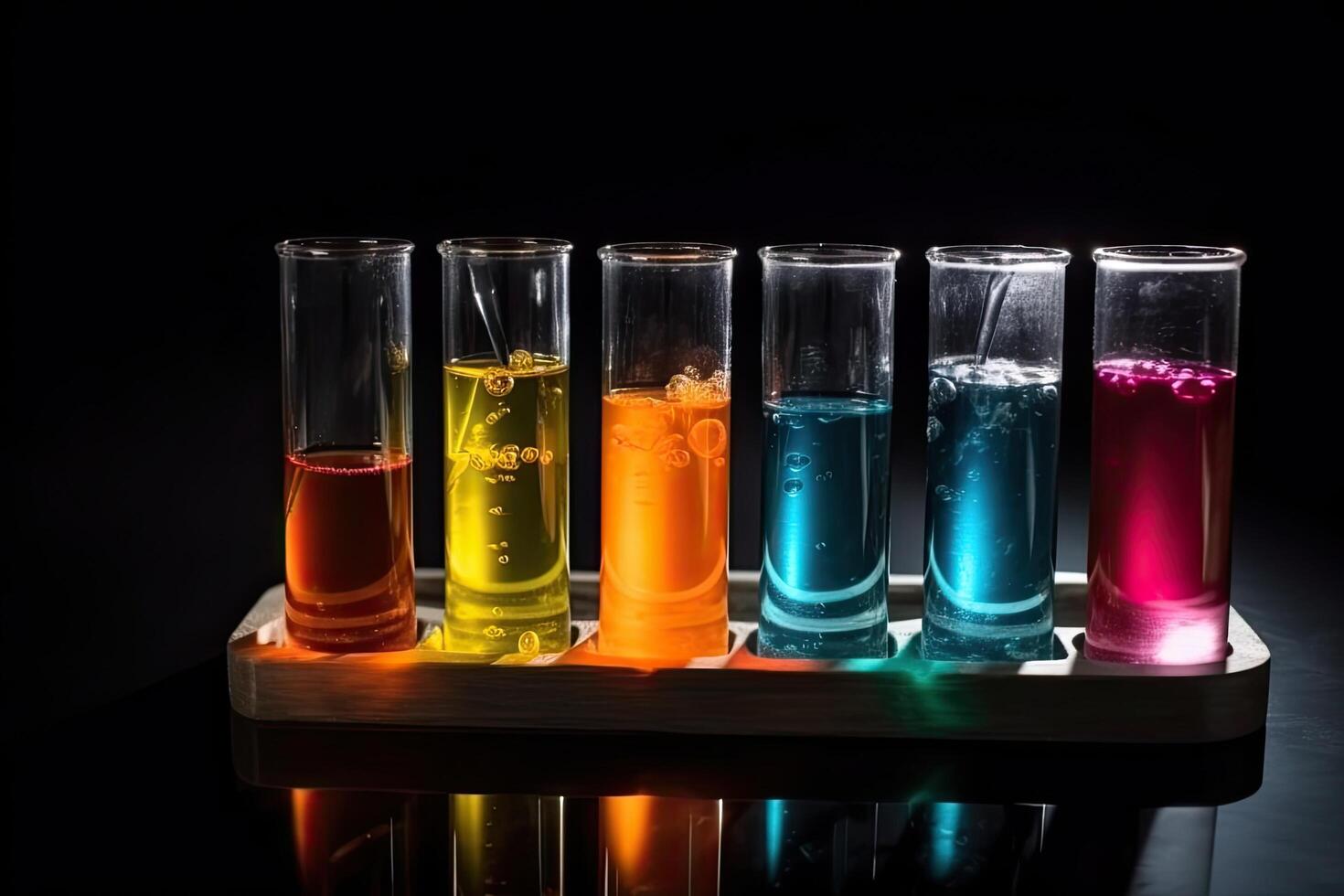 Laboratory glassware with colorful liquid on black background. Science laboratory research and development concept. Science laboratory test tubes filled with colorful tubes, AI Generated photo