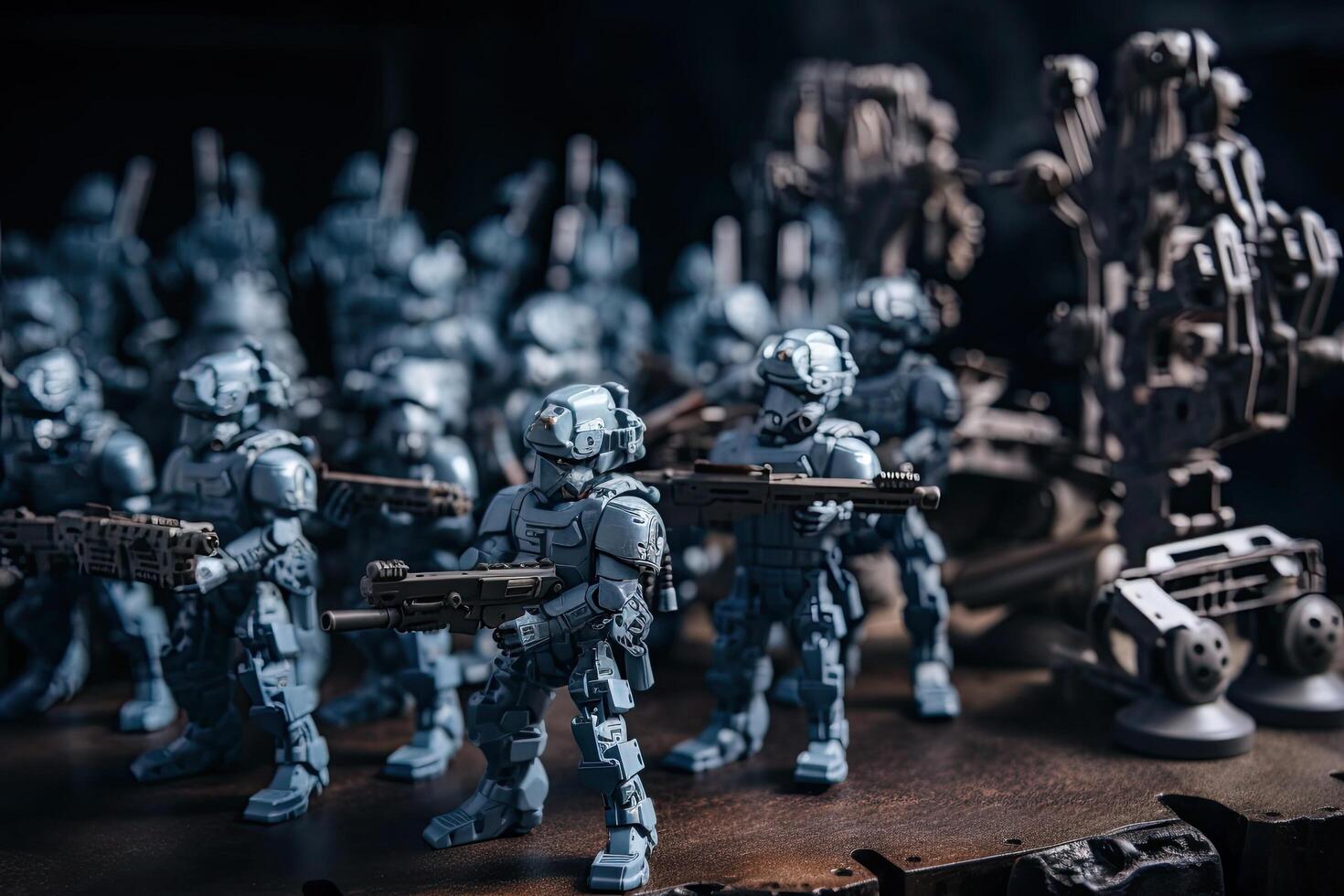 War Concept. Military silhouettes fighting scene. Toy soldiers background. Selective focus, Robot army formation with tactical gears, photo