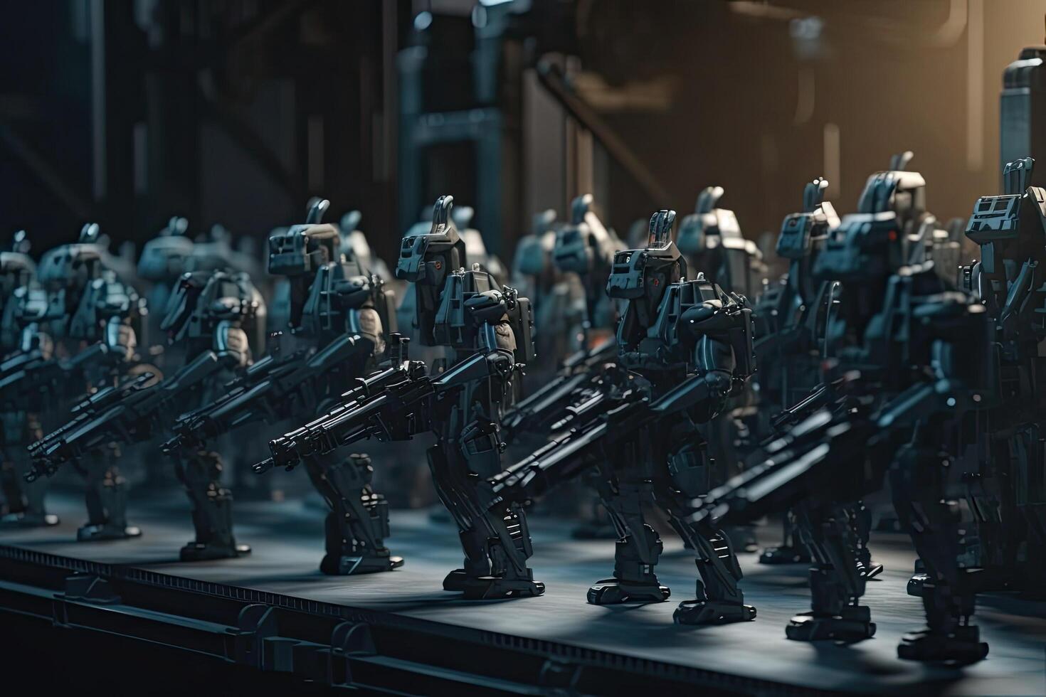 3d rendering of a group of robot soldiers on the conveyor belt, Robot army formation with tactical gears, AI Generated photo