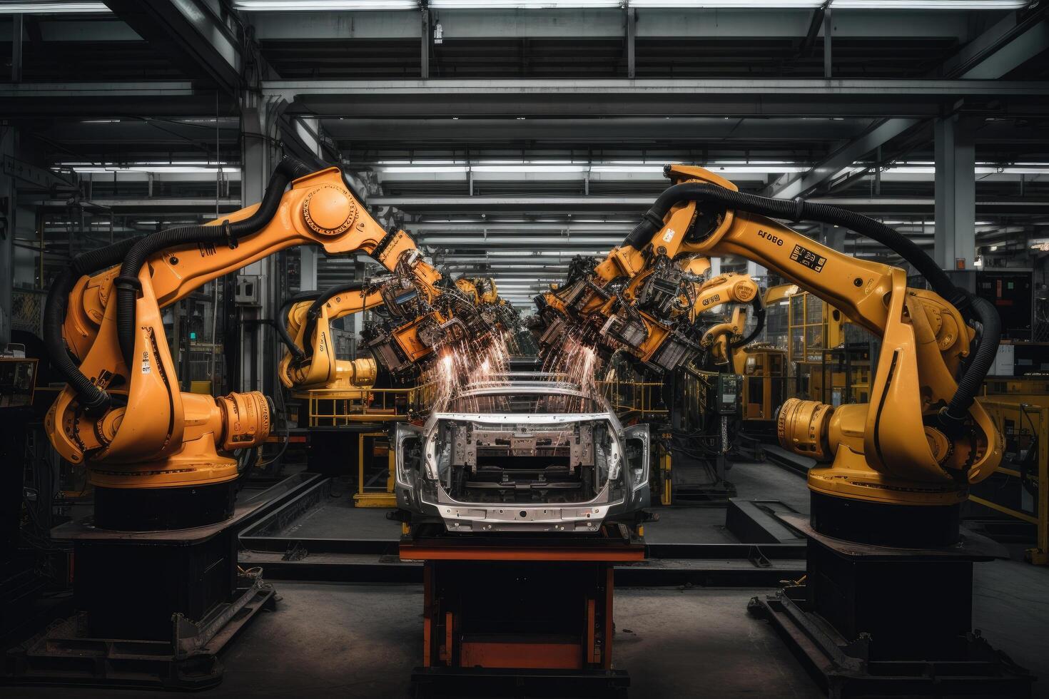 Smart industry robot arms for digital factory production line. Concept of artificial intelligence for the industrial revolution. Robotic arms manufacturing cars in a car factory, photo
