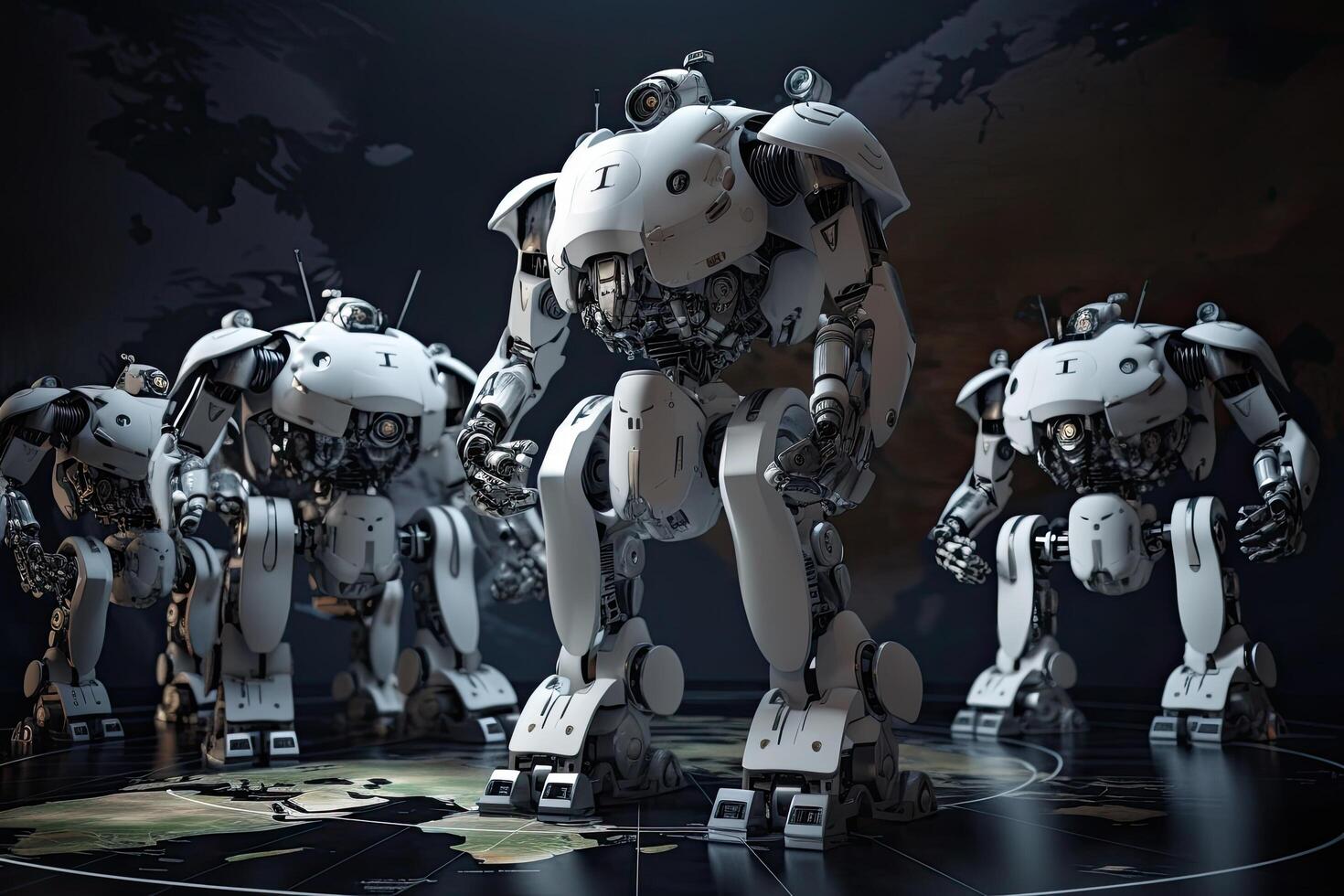 3D rendering of a robot on the background of the world map, Robots conquering the world, photo