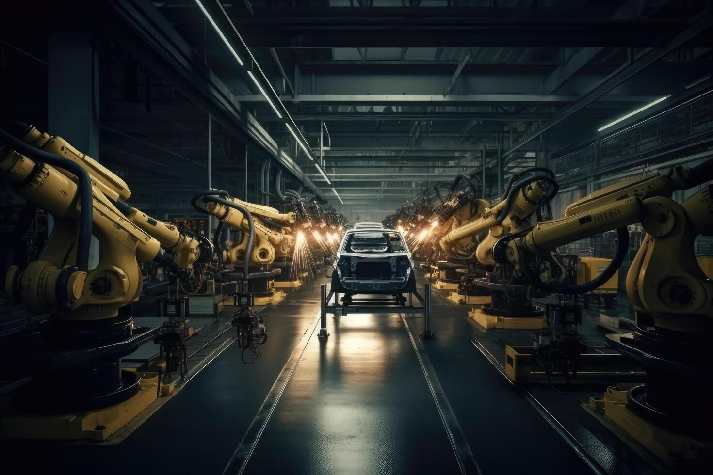 Production line of the factory for the production of robots and automated machinery. Industrial background, Robotic arms manufacturing cars in a car factory, AI Generated photo