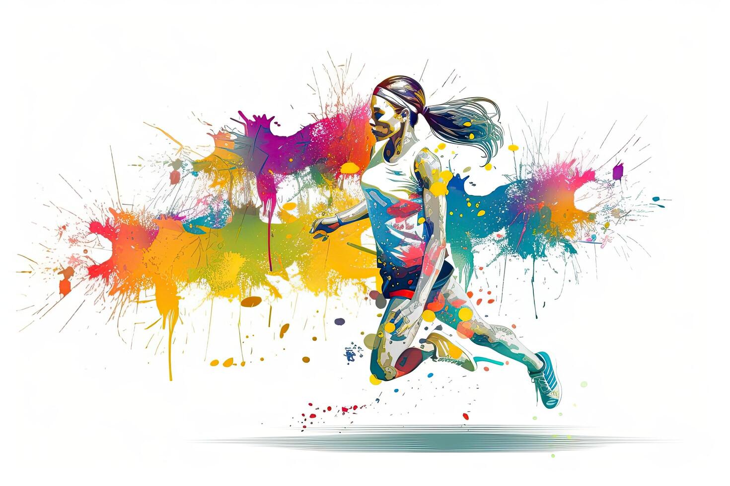 Colorful illustration of a young woman running with colorful splashes. Running athletics sport women colorful splash, photo