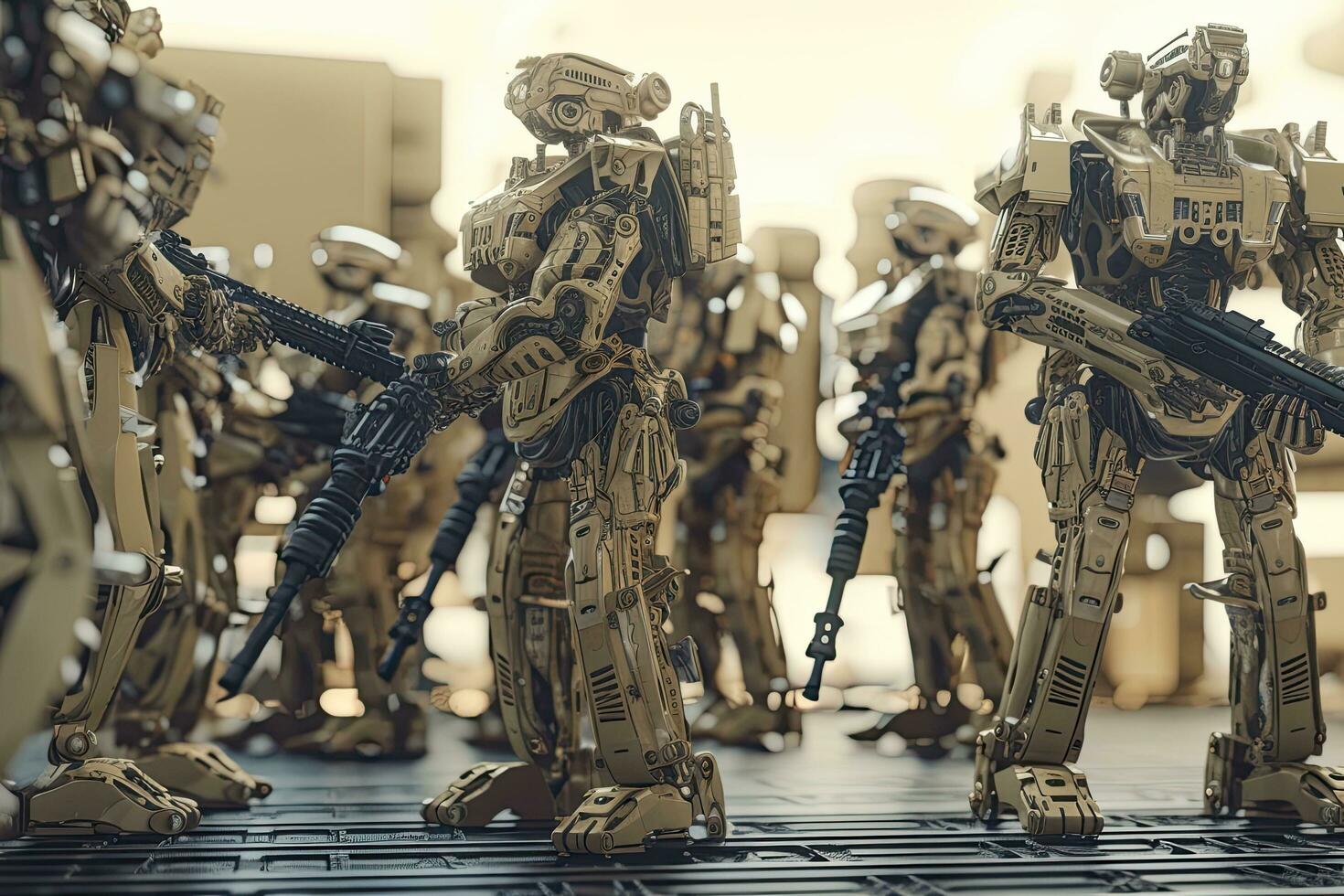 Lego estrella guerras minifiguras en un museo, robot Ejército formación con táctico engranajes, ai generado foto