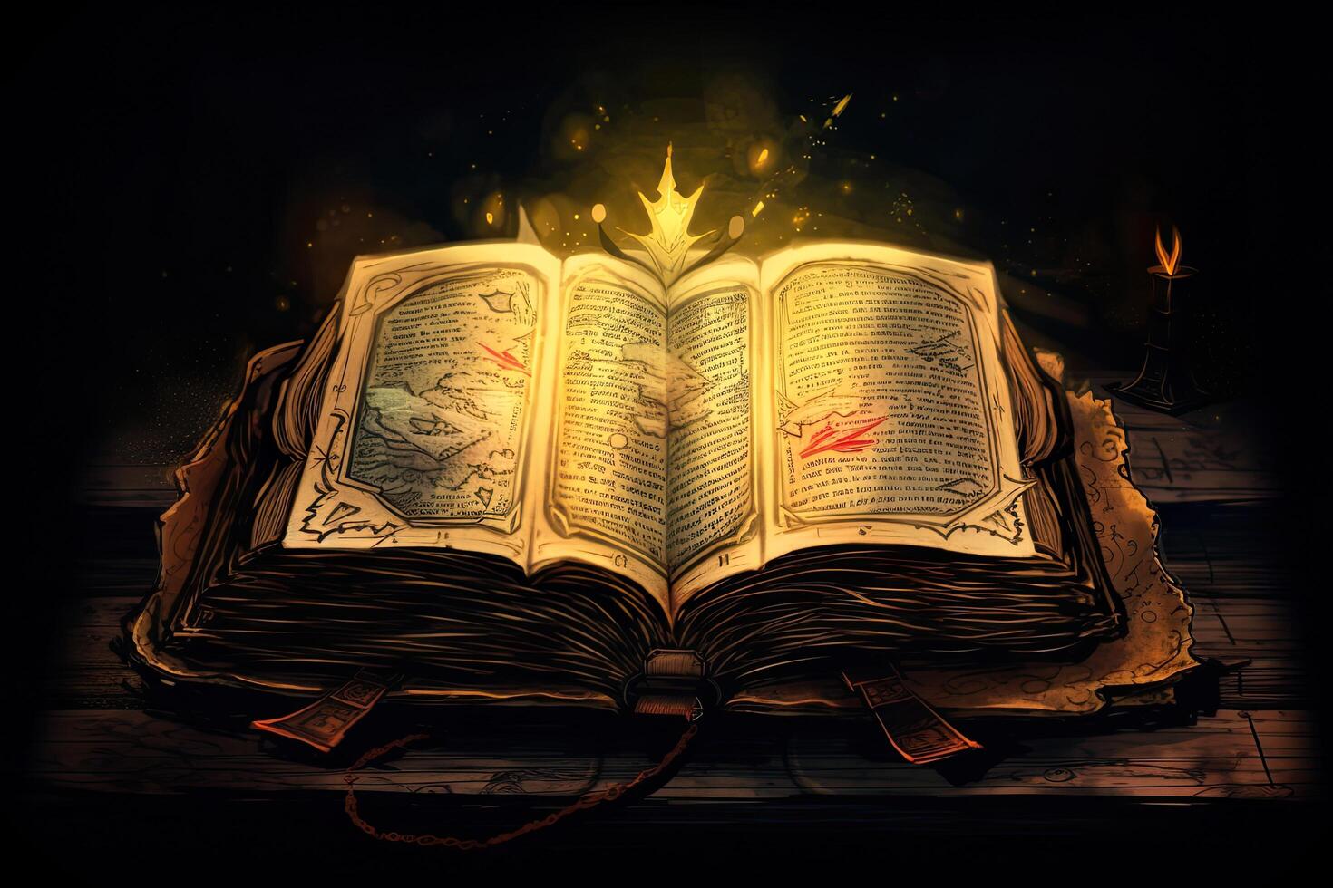 Open book with magic light and fire on the pages. Halloween concept, Shining Holy book Ancient Book banner, photo
