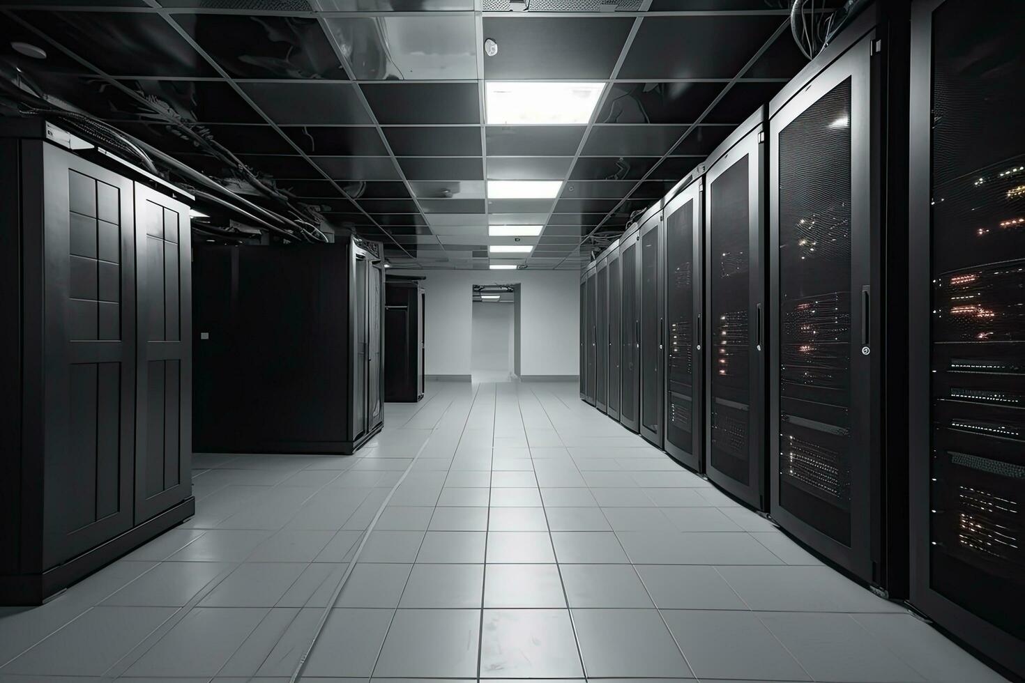 servidor habitación datos centrar con filas de negro servidores. 3d prestar, servidor habitación interior en un datos centro, ai generado foto