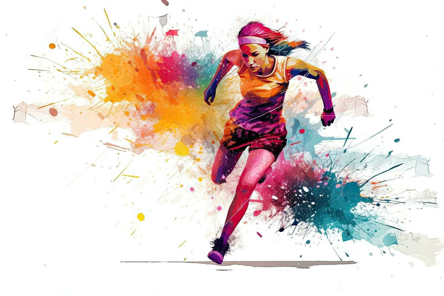 Moda ilustración de un hermosa joven mujer corriendo con vistoso salpicaduras corriendo atletismo deporte mujer vistoso chapoteo, ai generado foto