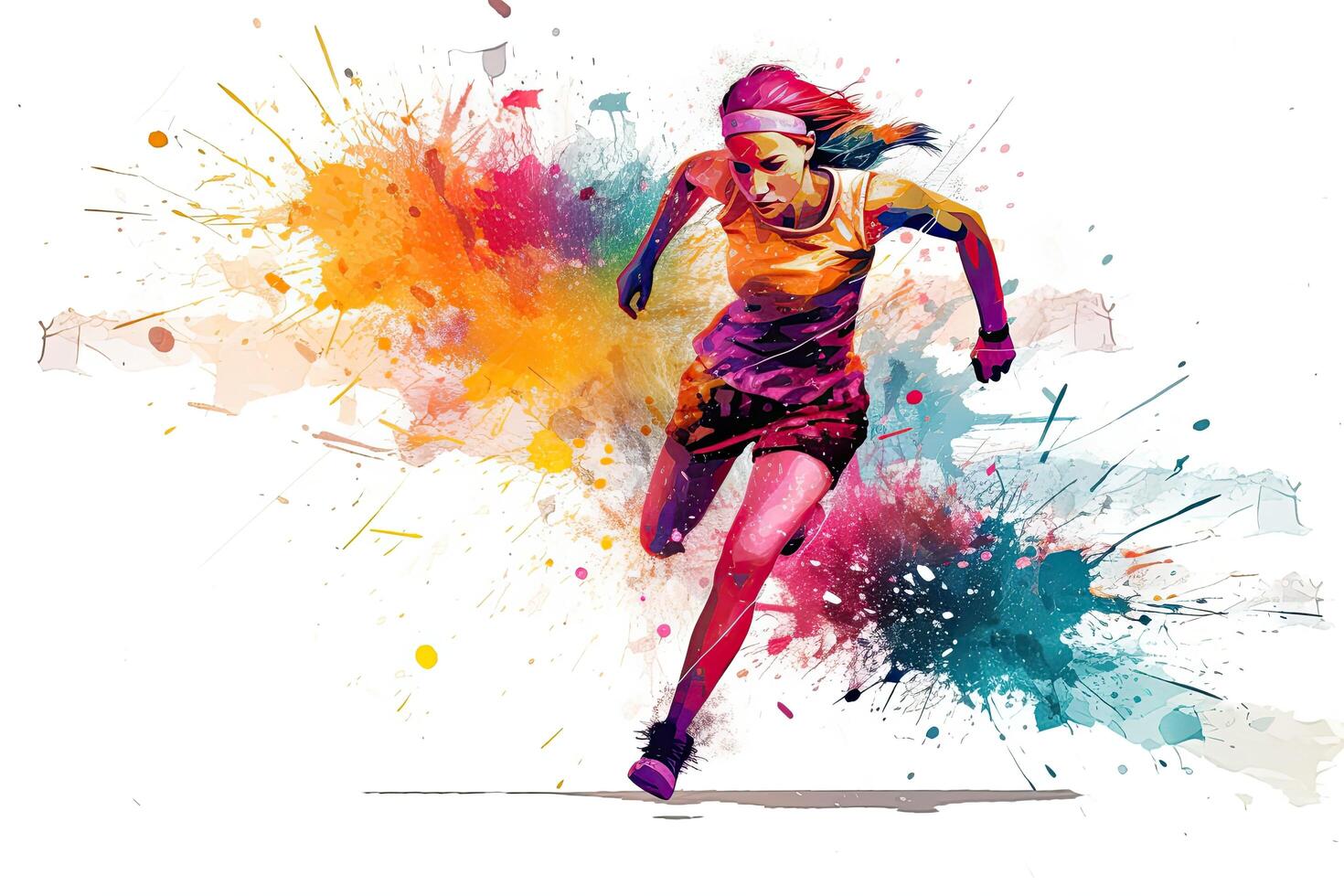 Fashion illustration of a beautiful young woman running with colorful splashes. Running athletics sport women colorful splash, photo