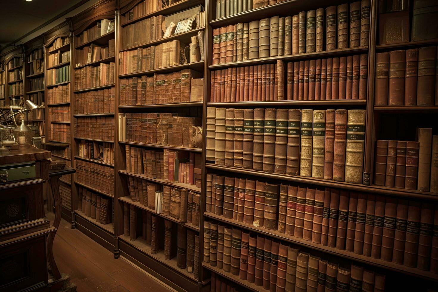 Old bookshelf in the library. Vintage toned image. So many vintage law books on a huge bookshelf, AI Generated photo