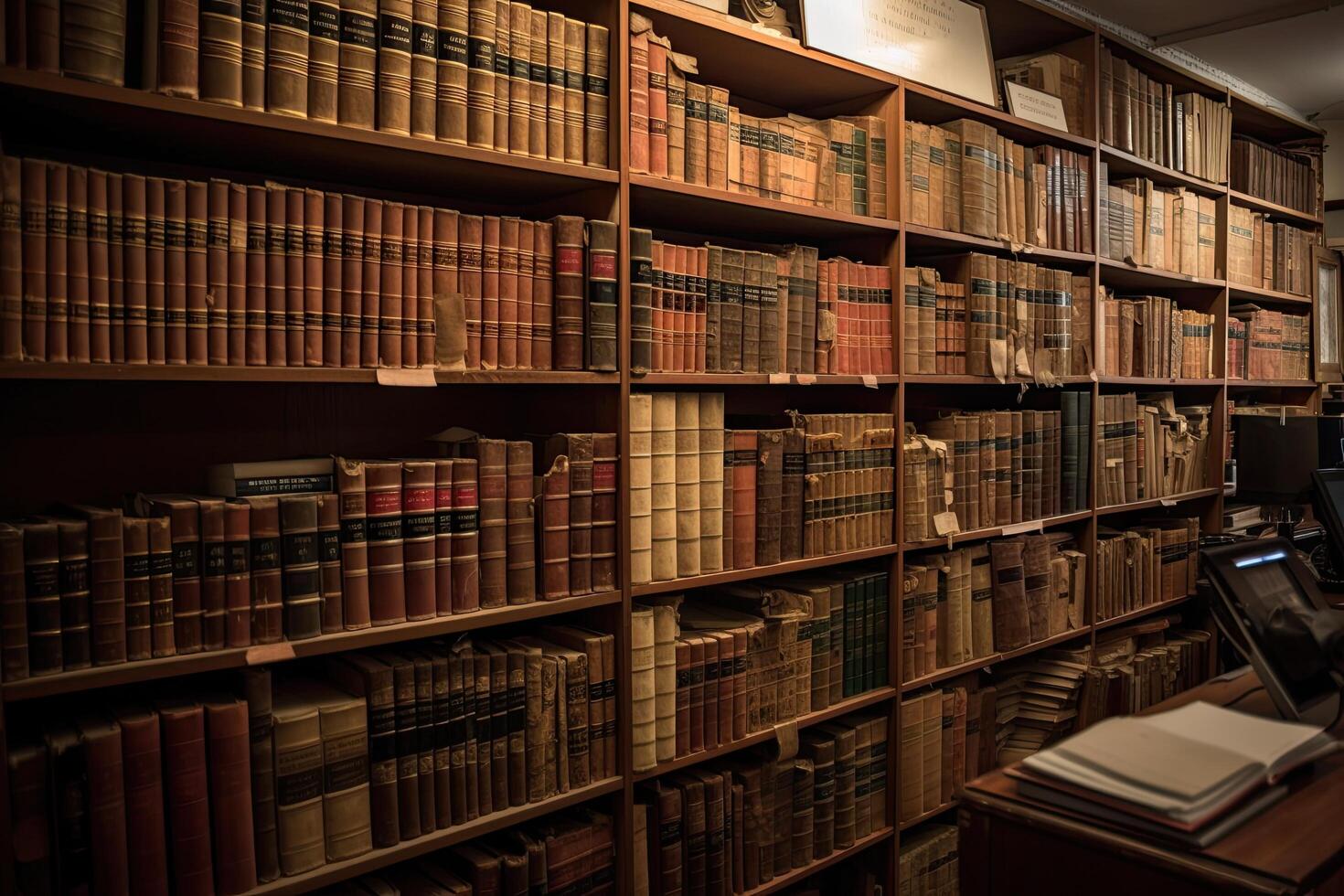 estantería en un biblioteca. estantería con libros. entonces muchos Clásico ley libros en un enorme estante para libros, ai generado foto