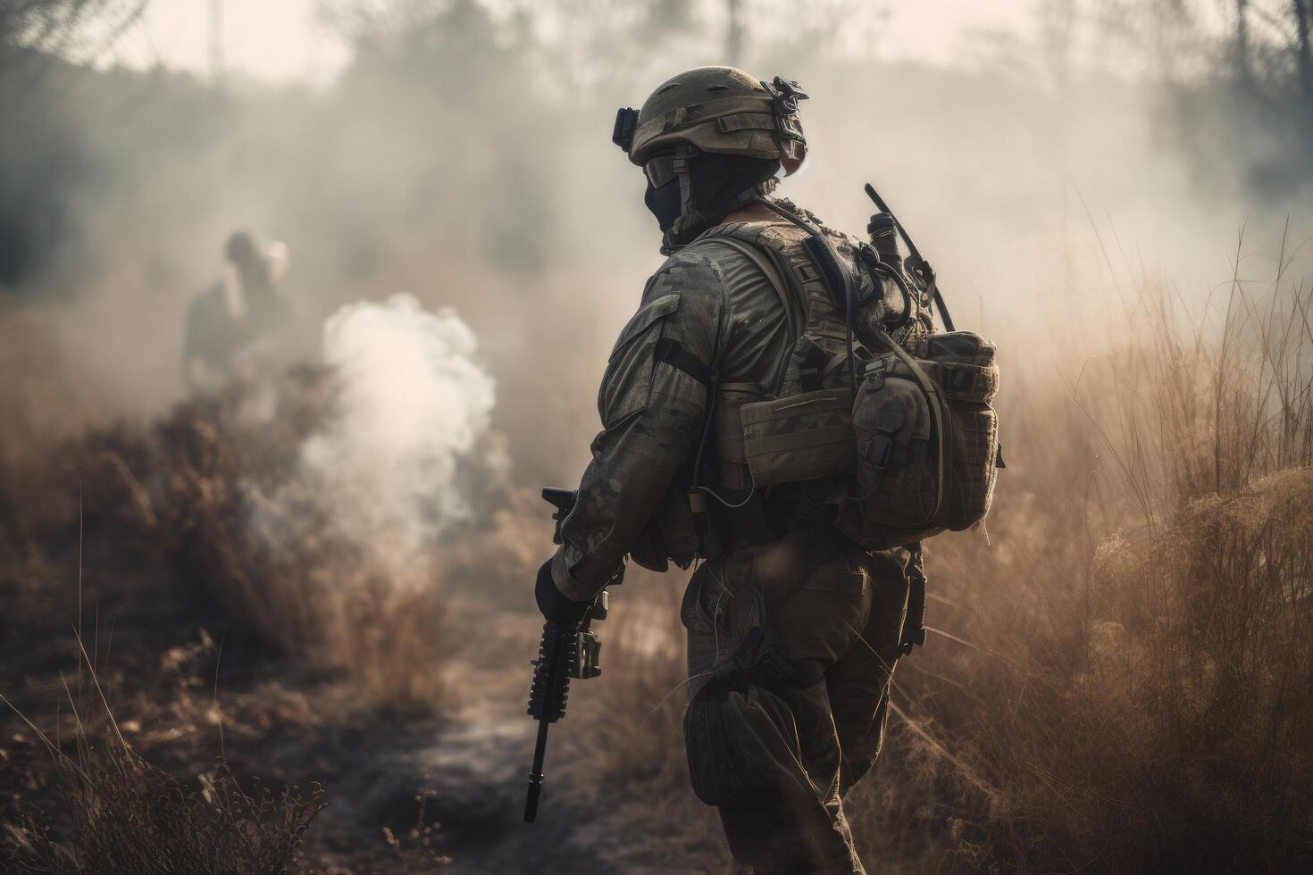 miembro de rojo estrella militar historia club usa histórico alemán uniforme durante histórico recreación de segunda Guerra Mundial en chernigow, Ucrania, soldado caminando mediante un ahumado guerra campo, ai generado foto