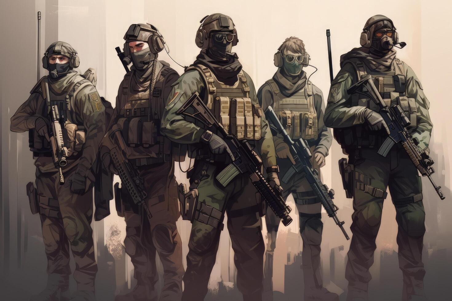 United States Marine Special Forces soldiers in uniform with assault rifle and assault rifle, Special Forces Military Unit in Full Tactical Gear, photo
