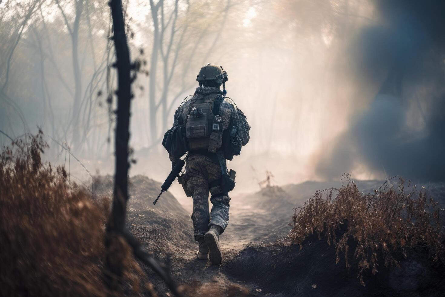 unido estados Armada especial efectivo soldado en acción durante un táctico operación en un bosque fuego, soldado caminando mediante un ahumado guerra campo, ai generado foto