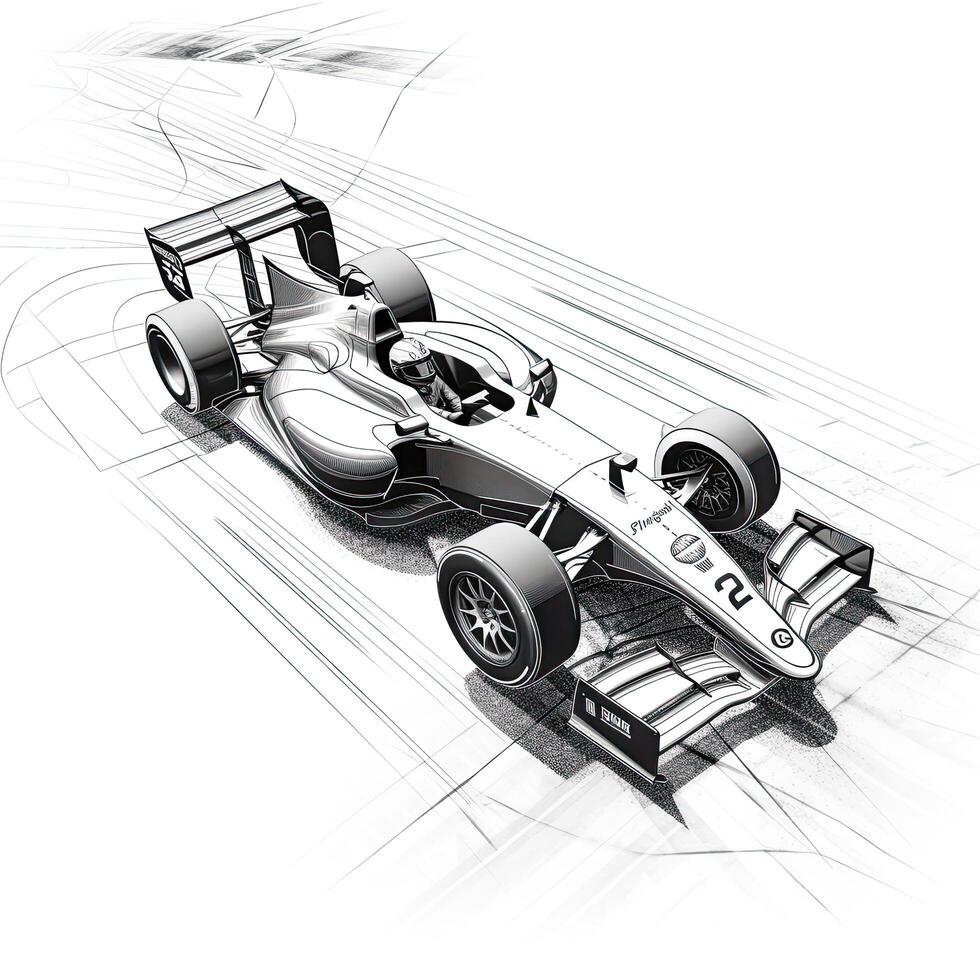 illustration of a formula race car in black and white background. Sport car racing formula one race track line art, AI Generated photo