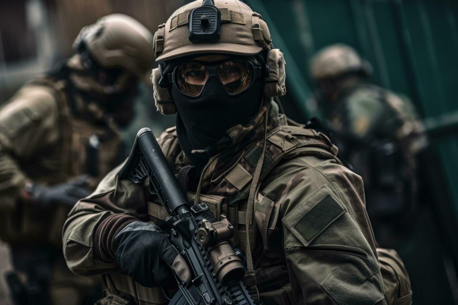 retrato de un especial efectivo soldado con asalto rifle en el calle, especial efectivo militar unidad en lleno táctico engranaje, ai generado foto