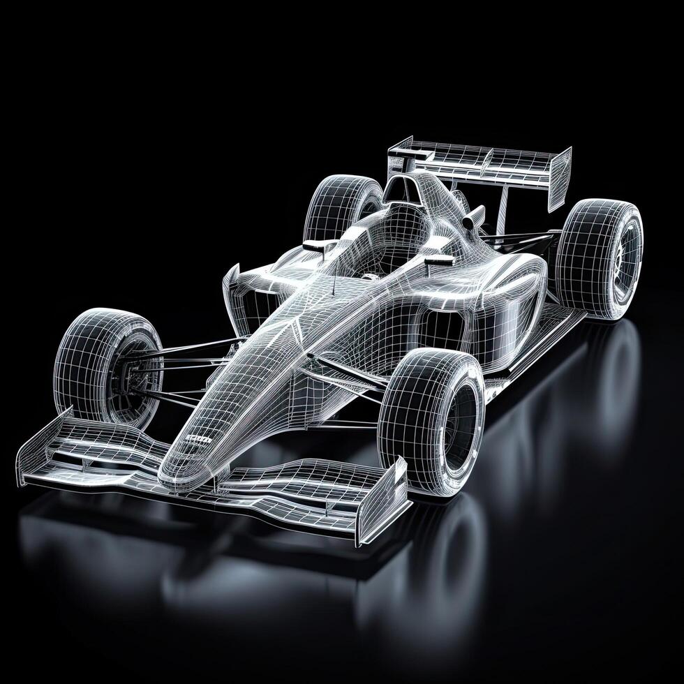 formula race car on a black background. 3d render image. Sport car racing formula one race track line art, AI Generated photo