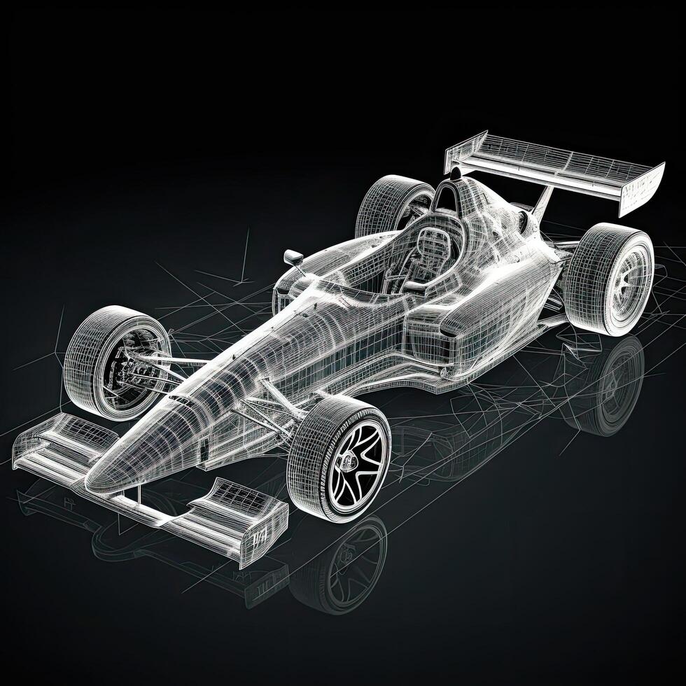 formula race car on a black background, body structure, wire model