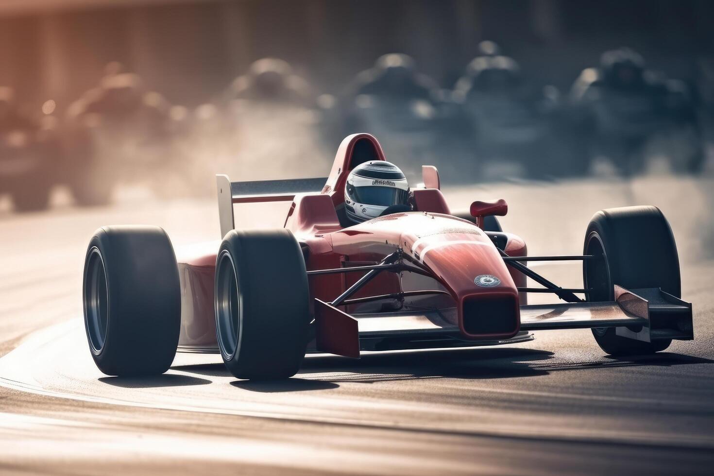 Red formula race car on the track. 3d render. Vintage style. Sport car racing formula one in race track, photo