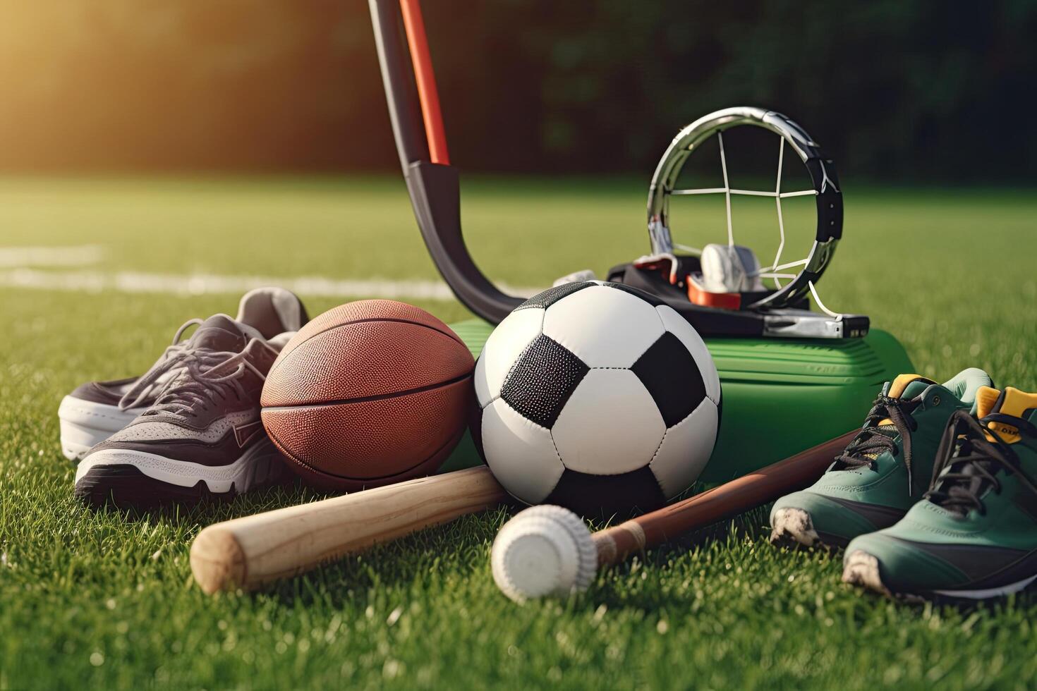 Sport equipment on green grass. Football, soccer, basketball, tennis,  tennis, baseball, rugby, football. Sports Equipment on a green field, AI  Generated 25501404 Stock Photo at Vecteezy