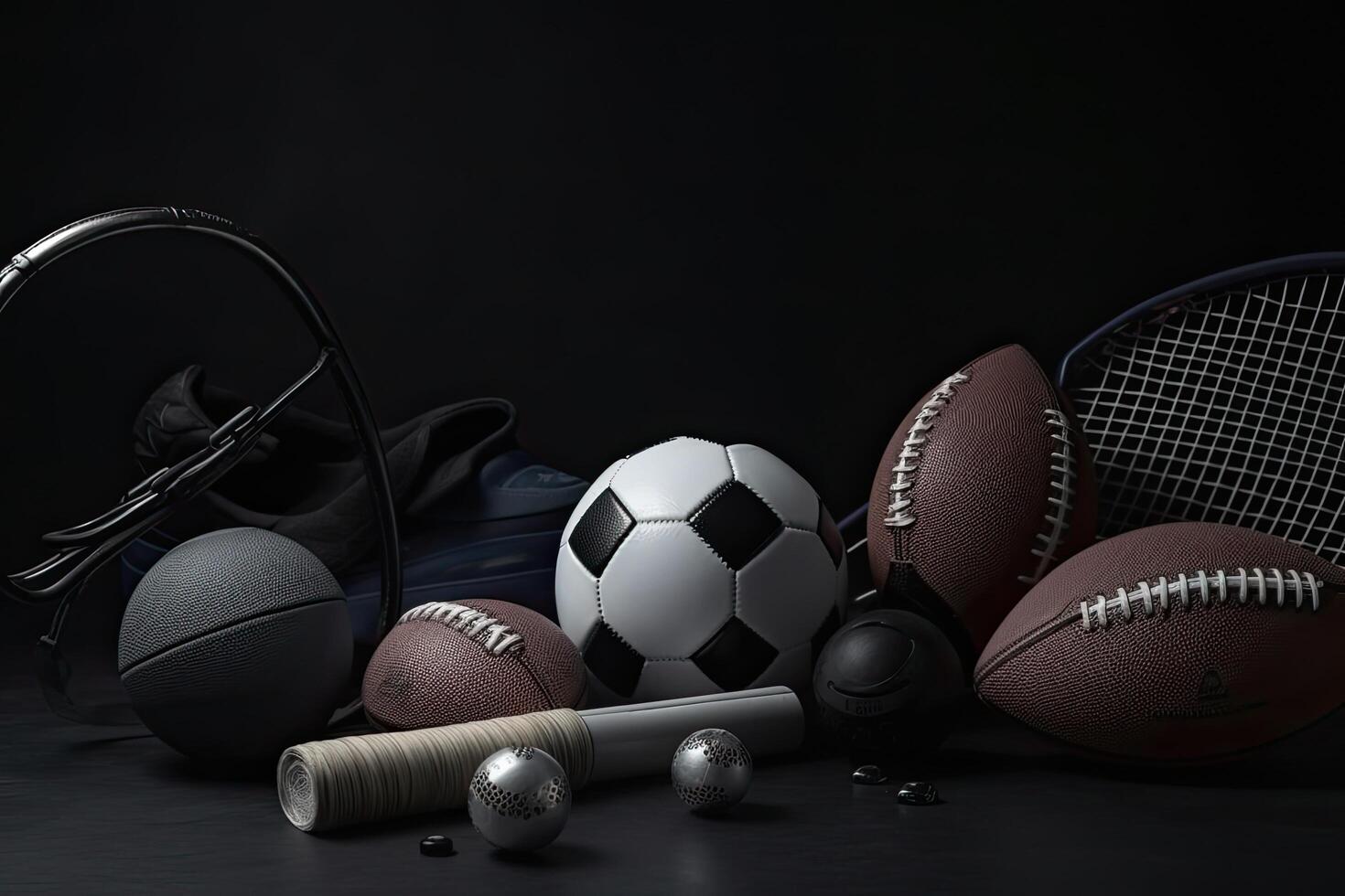 Sports equipment on a black background. Sport concept. Copy space. Sports Equipment on a dark background, AI Generated photo