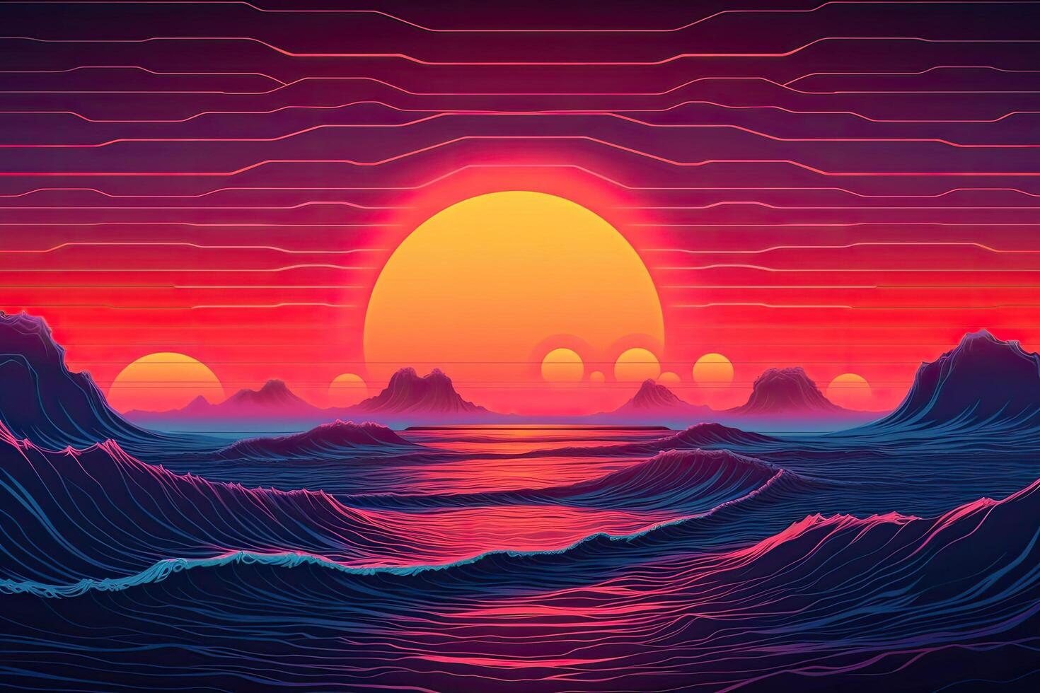 Sunset over the sea with waves. illustration in a flat style. Synthwave sunset landscape 80s retro synthwave color, photo