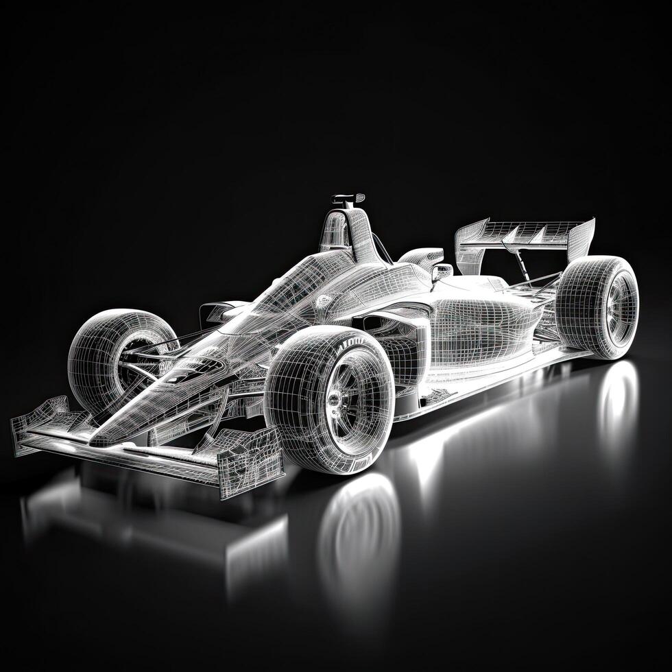 3d model race car on a black background with reflection. 3d rendering, Sport car racing formula one race track line art, photo