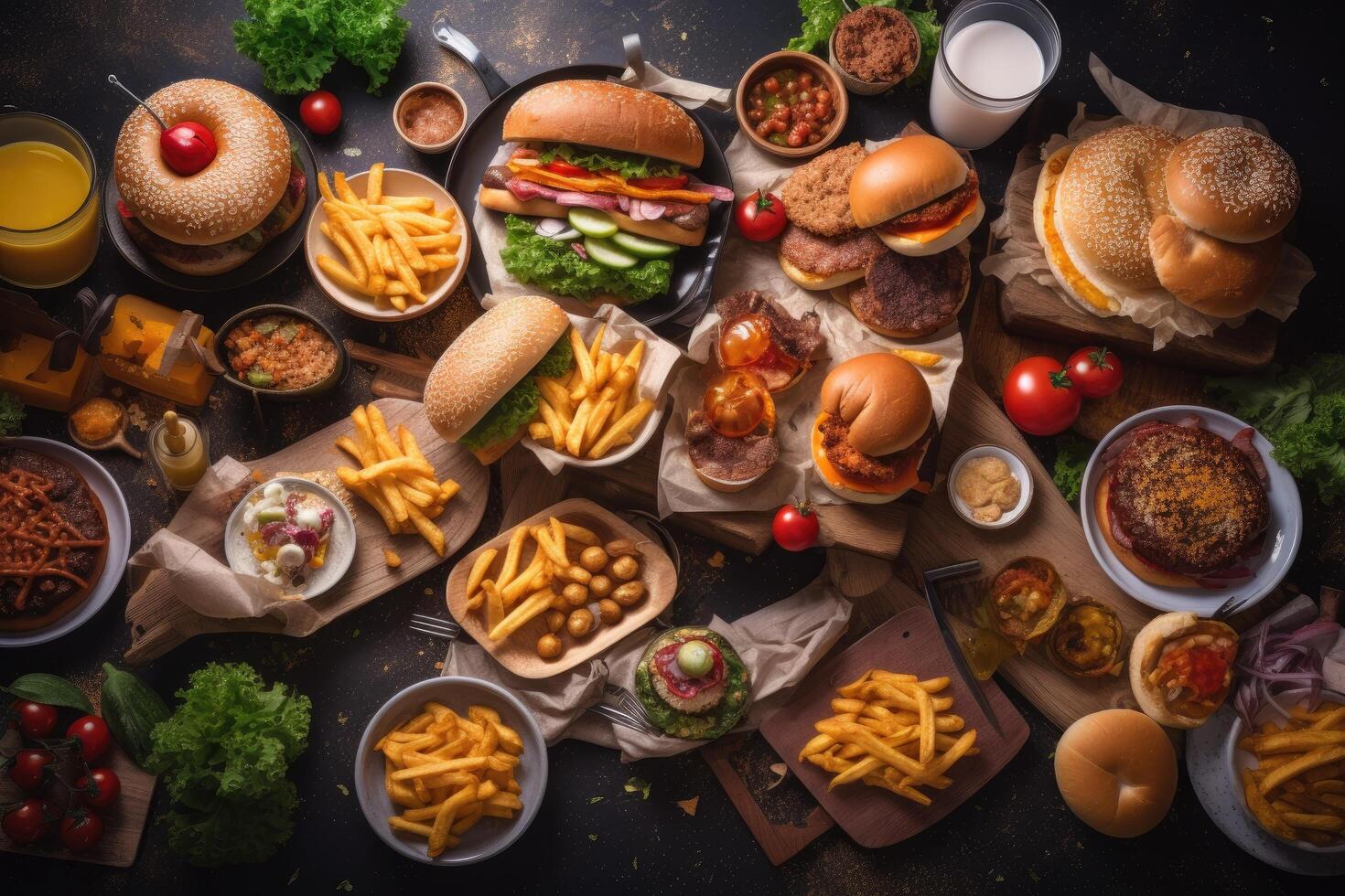 Fast food concept. Set of hamburgers, cheeseburgers, french fries, vegetables and sauces on dark background, So many delicious fast food items on top view on a table, AI Generated photo