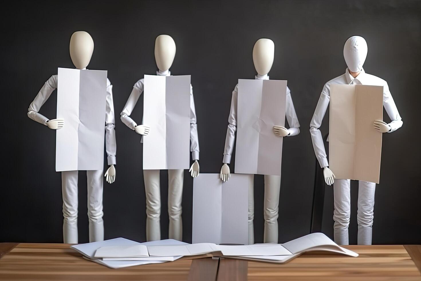 de madera maniquíes con blanco sábana de papel en mesa, equipo reunión y presentación concepto sin ninguna rostro, ai generado foto