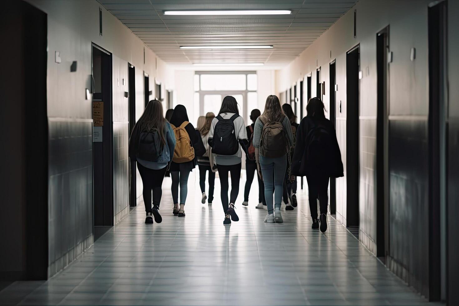 Back view of group of students walking in corridor of school or university, Teenage school kids standing in front of locker, photo