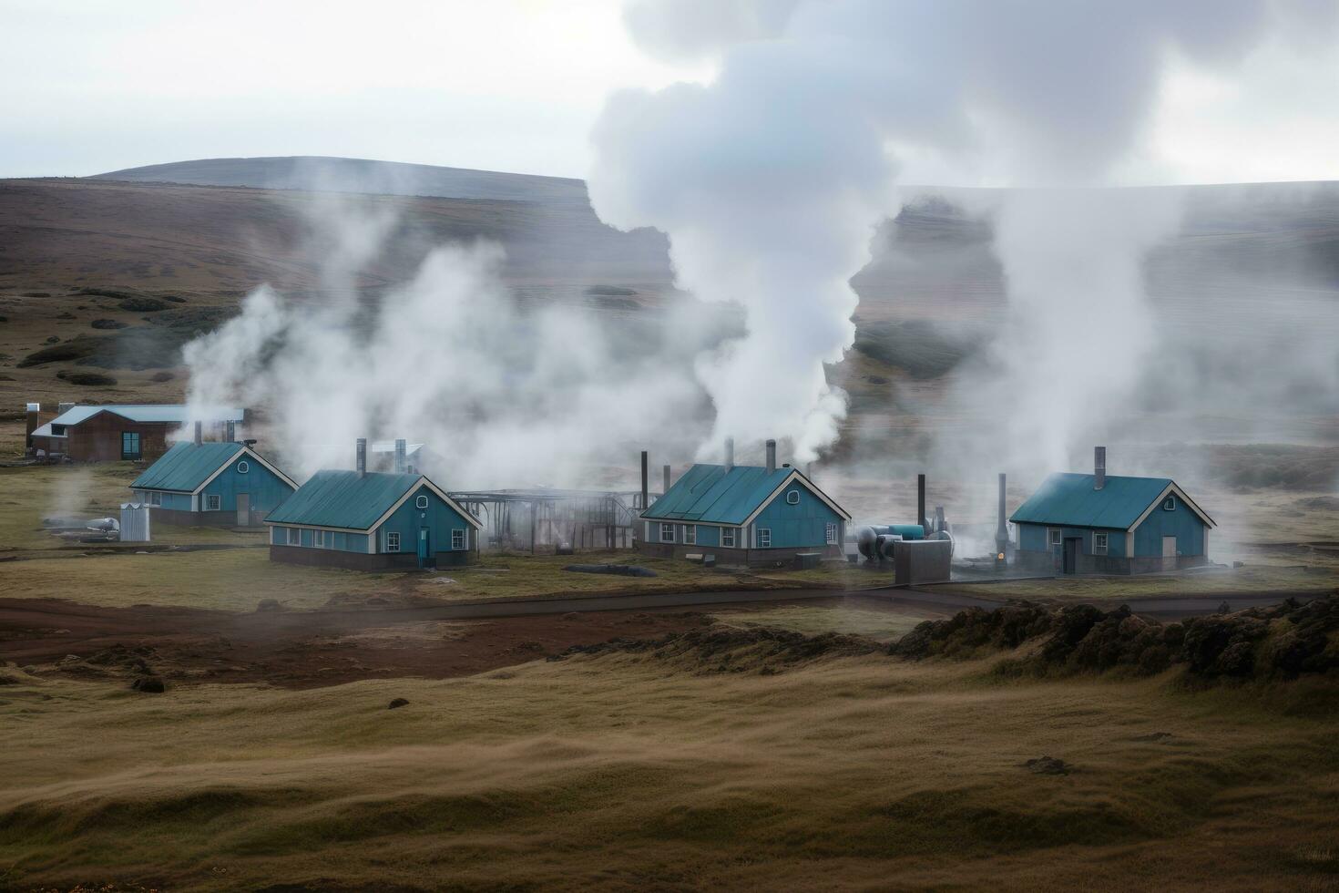 Icelandic landscape with old wooden houses and smoking chimneys. The geothermal energy making industry producing, AI Generated photo