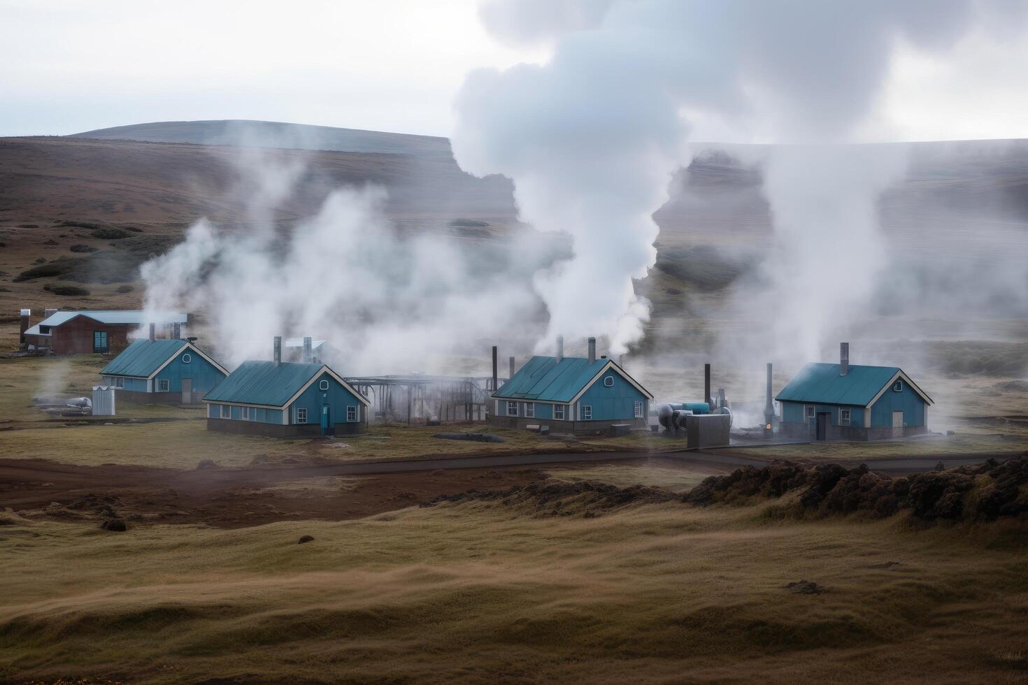 Icelandic landscape with old wooden houses and smoking chimneys. The geothermal energy making industry producing, photo