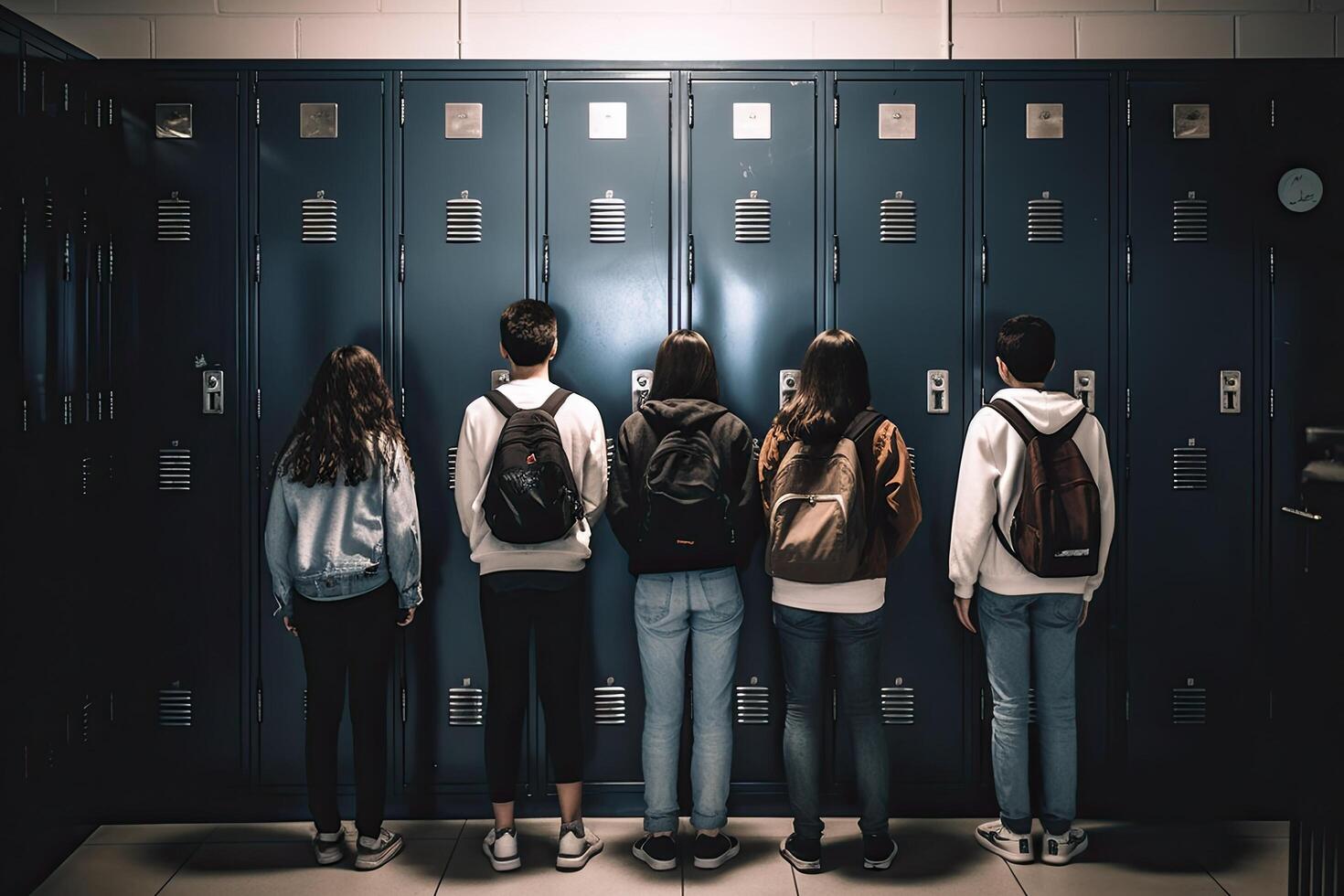 espalda ver de Niños de escuela en pie en armario habitación con mochilas y mochilas, Adolescente colegio niños en pie en frente de armario, ai generado foto