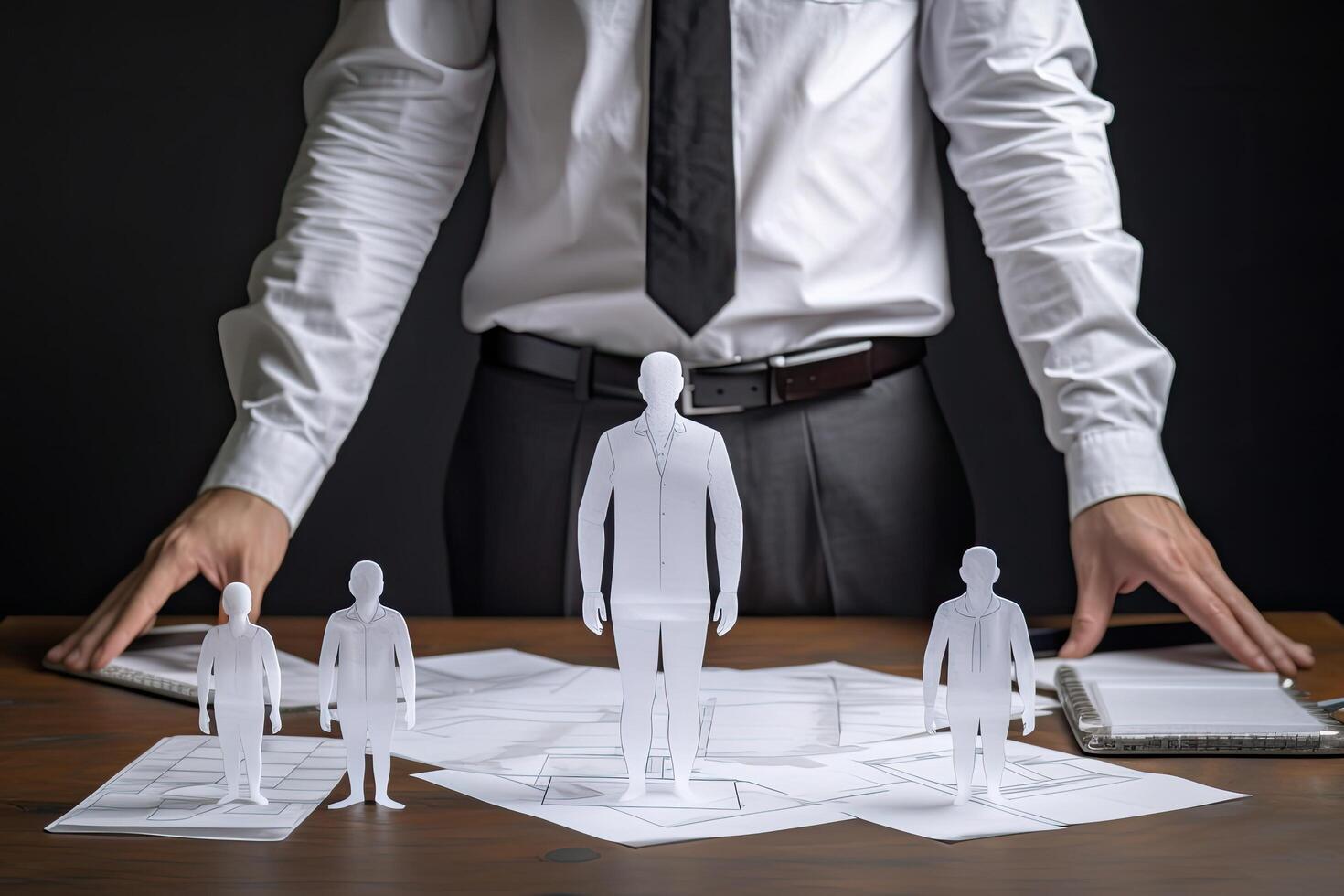 Businessman holding paper model of people on table. Business concept. Team meeting and presentation concept without any face, photo