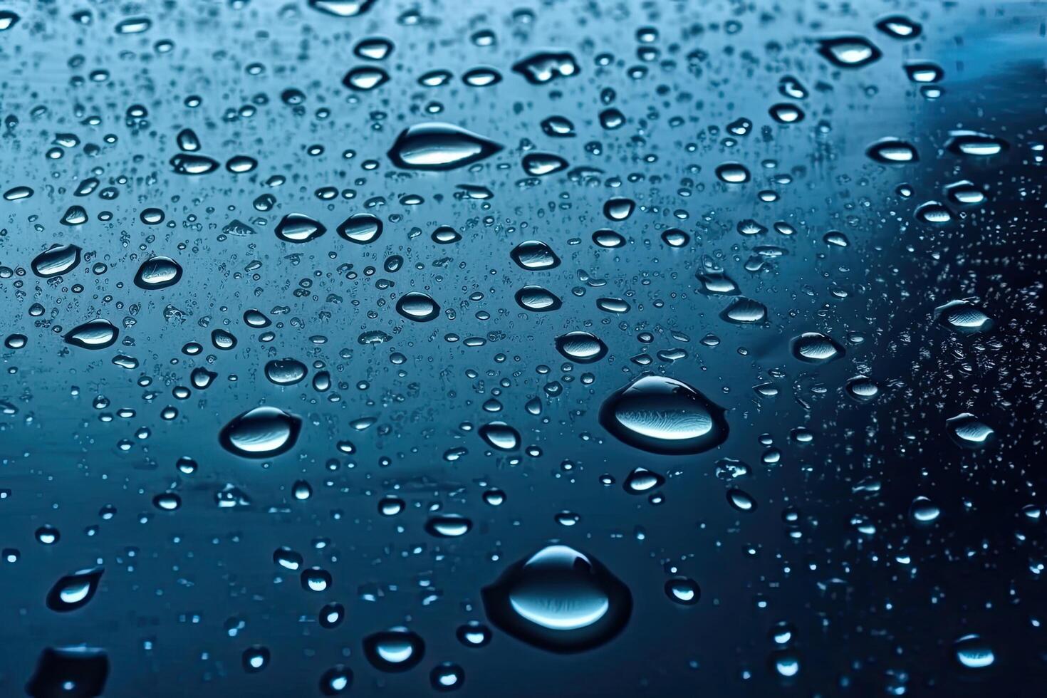 Water drops on blue background. Water drops on blue glass surface. Water drops on blue glass, photo