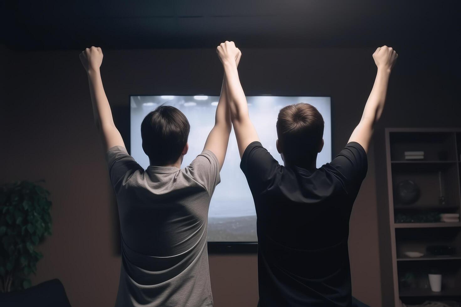 espalda ver de padre y hijo acecho televisión a noche en el vivo habitación, dos joven hombres en lleno posterior ver disfrutando televisión entretenimiento, ai generado foto