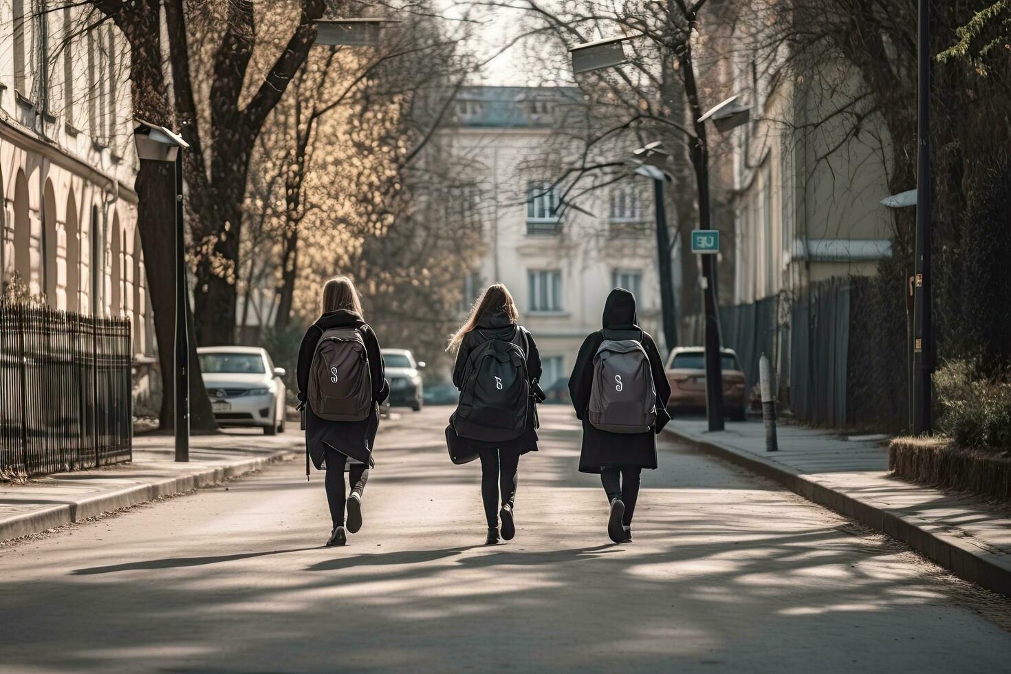 espalda ver de dos muchachas con mochilas caminando en el calle en el temprano mañana, Universidad estudiantes con ordenador portátil pantalones en su atrás, ai generado foto